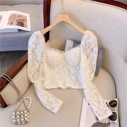 Womens tight fitting corset Y2K cut top long sleeved lace slim fit T-shirt sexy top spring French style retro 240508