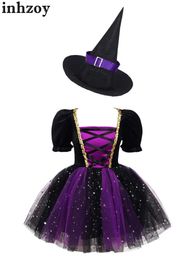 Dancewear Kids Girls Halloween Witch Costume Short Bubble Sleeve Velvet Tutu Dress with Magic Hat Cosplay Theme Party Performance DressL2405