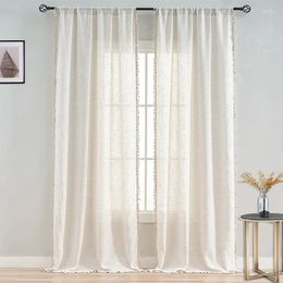 Curtain 1/2 Panel White Broom Edge Tassel Tulle Curtains Solid Colour Linen Translucent Living Room Bedroom Decorative