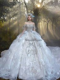 2024 Luxury Ball Gowns Wedding Dresses Princess Gown Corset Sweetheart Organza Ruffles Cathedral Train Bridal Beaded Embroidery princess Beach Boho Bride Dress