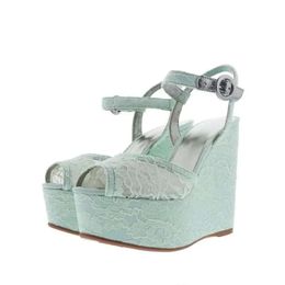 Lady sheepskin 2024 leather sexy Ladies Wedge high heel sandals Shoes lace buckle open Toe peep-toe Europe and America The catwalk 3D Flower wedding Party size 53d8