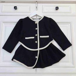 Top Girls Dress suits Contrast edging baby Two piece set Size 90-130 Woollen fabric Button round neck jacket and short skirt Oct25