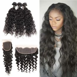 Wefts Brazilian Malaysian Indian Straight Body Wave Human Hair Weaves 3 Bundles With Closure Deep Water Wave 3 Bundles With Frontal Hair
