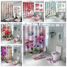 Shower Curtains Bath Decor 4PC Set Room Floral Butterfly Leaves Printing Waterproof Curtain Bathroom Carpet WC Rug Foot Pad