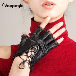 Whole Nappaglo Fashion Women Half Finger Genuine Leather Gloves Lambskin Lace Sexy Mittens Ladies Dance Driving Sheepskin Fin5778432