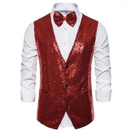 Men's Vests Men Waistcoat Stage Shiny Sequin Slim V Neck Sleeveless Single-breasted Vest With Bow-knot Work Wear