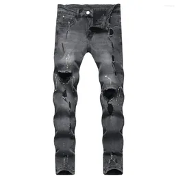 Men's Jeans Men Streetwear HipHop Speckle Ink Printed Holes Pencil Pants Stylish Ripped Male Stretch Skinny Denim Trousers