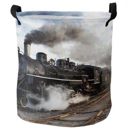 Laundry Bags Train Steam Smoke Dark Railway Retro Dirty Basket Foldable Home Organiser Clothing Kids Toy Storage