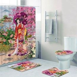 Shower Curtains Oriental Japanese Geisha Girl Bath Curtain Set Traditional Woman Art Bathroom Mats Home Decor