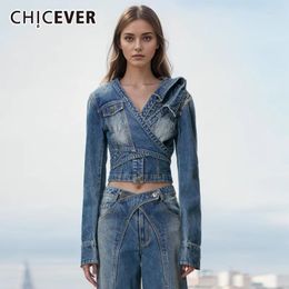 Women's Jackets CHICEVER Streetwear Vintage Denim Coats For Women V Neck Long Sleeve Asymmetrical Fashion Slimming Designer Female 2024