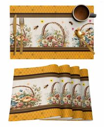 Table Mats 4/6 Pcs Flowers Bee Hive Watercolor Placemat Kitchen Home Decoration Dining Coffee Mat