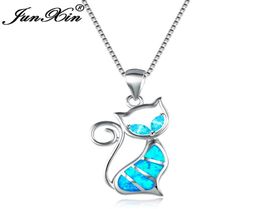 JUNXIN 2018 New Brand Design Women Cat Necklace Blue Fire Opal Necklaces Pendants Fashion 925 Sterling Silver Animal Jewelry7046586