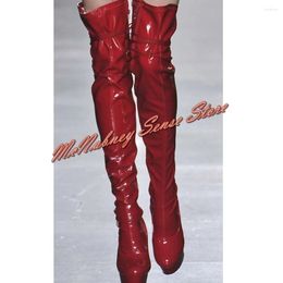 Boots Back Straps Tied Platform Round Toe Solid Patent Leather Sexy Shoes Over The Knee Lace Up Red Stiletto Heels Banquet