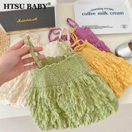 Vest HTSU Baby Girls Clothing Suspension Vest Childrens Summer foam Cotton Candy Color Sweet Top Childrens Pleated Vest QT0203L240502