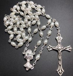 Pendant Necklaces 10pcsset White 64mm Glass Pear Rosary Oval Bead Catholic Rosario Cute Pearl Necklace Chalice Center49360497875968