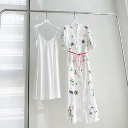 2024 Spring/Summer New Linen Embroidered Short Sleeve Lace up Waist Waist Shirt Skirt for Dress Women