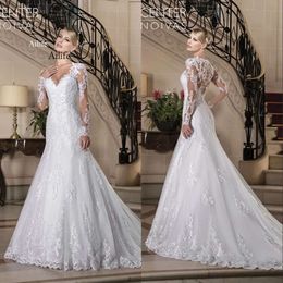 2022 Vintage V-Neck Long Sleeve Dresses Beaded Button Back Sheer Bridal Wedding Gowns Vestido De Casamento 0515