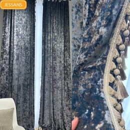 Curtain Blue Gilded Velvet Lace Thickened Blackout Sound Insulation Curtains For Living Room Bedroom French Window Villa Customization