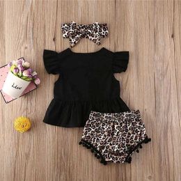 Clothing Sets 0-36months Baby Girls 3pcs Clothing Set Flying Sleeve Top Flower Print Elastic Waist Shorts Headband Girls Leopard Outfits