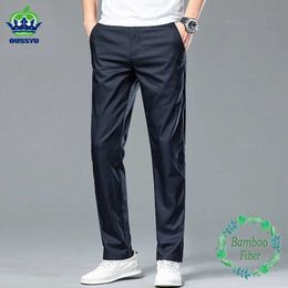 Men's Pants New Summer Cosy Soft Bamboo Fibre Straight Suit Pants Men Business Stretch Thin Navy Blue Casual Trousers Male Large Size 40 42 Y240514