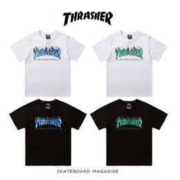 High Version Trendy Brand THRASHER Flame Green Thorny Ghost Printed Men S And Women Couple Short Sleeved T Shirt