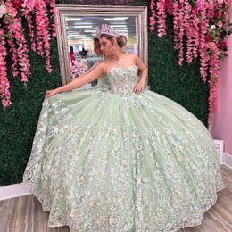 Mint Green Shiny Princess Ball Gown Quinceanera Dress Off The Shoulder Applique Lace Tull Sequin Sweet 16 Dress Vestido 15 De