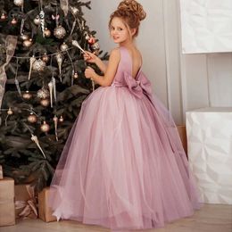 Girl's Dresses Christmas party princess backless dress gauze poncho dress sweet girl formal communion dance bow and floor length dress Y240514
