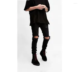 Men's Jeans High-quality Mens Ruined Pure Black Hole Stretch Denim Pants