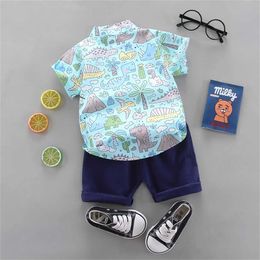 Clothing Sets 2PCS Infant and Toddler Summer Fashion Full Body Cartoon Dinosaur Coconut Tree Pattern Random Print Pocket Shirt Shorts Set