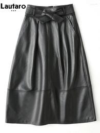 Skirts Lautaro Spring Black Long Luxury Clothes For Women With Sashes High Waist A Line Midi Pu Leather Skirt Runway Fashion 2024