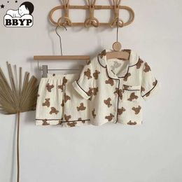 Pajamas 2 new summer childrens pajamas Korean long sleeved printed bear cardigan and pants cotton plain yarn d240515