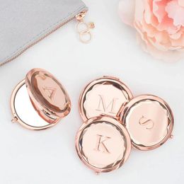 Party Favor Engraved 26 Letter Decorative Mirror Bridal Women's Pocket Rose Gold Crystal Makeup Wedding Gift