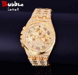 Men039s Watch Gold Colour Dial Quartz Clock Luxury Big Rhinestone Business Waterproof Wrist Jewelry7862106