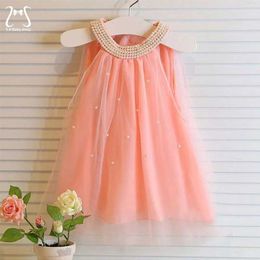 Girl's Dresses Childrens Pearl Sleeveless Clothing Summer Toddler Girls Solid Birthday Party Evening Dress Sweet Net Childrens Clothing 1 to 6 Y d240515