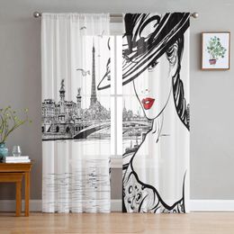 Curtain Paris Seine Woman Eiffel Tower Red Lips Sheer Curtains For Living Room Decoration Window Kitchen Tulle Voile