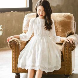 Girl's Dresses Childrens Dress Youth White Wedding Party Lace Girls Dress Long sleeved Childrens Carnival Spring and Autumn 6 8 10 12 14 16 Years Old d240515