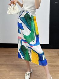 Skirts Miyake 2024 Summer Simple Half Skirt Women's Pattern Printed Temperament High Waist Mid Length Versatile Straight