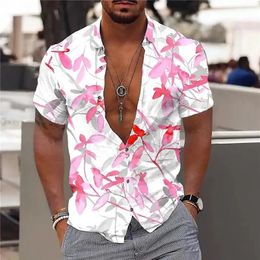 Summer Mens Hawaiian Shirt Maple Leaf Print V-neck Mens Button Short Sleeve Top Street Fashion Trend Mens Wear 240511