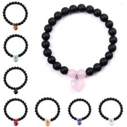 Strand 10pcs Love Heart Pendant Charms Black Bead Natural Green Aventurine Rose Quartz Tigers Eye Stone Buddha Yoga Jewelry Gift