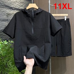 Mens Sets Summer Short Sleeve T-shirts Shorts Plus Size 10XL 11XL Fashion Casual Solid Colour Hooded Suits Male Big Size 10XL 240430