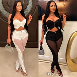 2024 New Night Club Party 2 Piece Set Women Sexy Mesh See Through Patchwork Sets For Women Outfits Strapless Crop Top Bra And Split Flare Pants 2PCS Suit Clothing