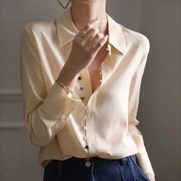 Women's Blouses Shirts 2024 Satin Silk Long Slve Women Shirt Colourful Button Up Chic Vintage Blouse Elegant Spring New Casual Ladies White Tops 18834 Y240510