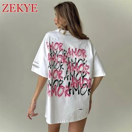 Zekye Hollow Out Summer Loose Tshirt Short Sleeve Vintage Grunge Oversized Aesthetic Streetwear Outfit Top Retro Casual Long 240426