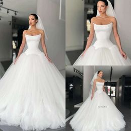 Strapless A Line Dresses For Bride Tulle Satin Wedding Dress Vestidos De Novia Backless Modern Designer Bridal Gowns 0515
