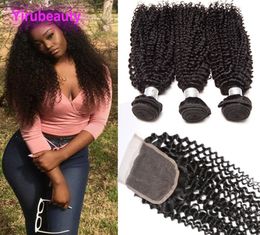 Brazilian Human Hair Kinky Curly 3 Bundles With 4X4 Lace Closure Kinky Curly Hair Extensions Wefts With Top Closures9267417