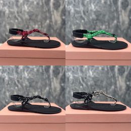 2024 Miui Shoes Riviere Cord And Leather Sandals Women Thong Sandal Crystal Embellished Slingback Summer Beach Slides Lace Up Flat Heel Mule Flip Flops 35-42 No box