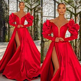 Elegant Red A Line Evening Dresses V Neck Sleeves Party Prom Sweep Train Long Dress For Red Carpet Special Ocn 0515