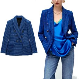 TRAF Womens Fashion Tweed Check Blazer Autumn and Winter VLead Long Sleeve Button Pocket Blue Casual Office Suit 240507