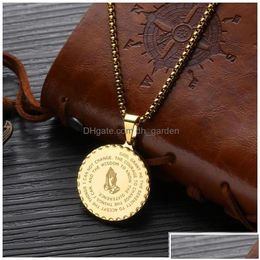 Pendant Necklaces Pendant Necklaces Bible Verse Prayer Stainless Steel The Praying Hands Coin Medal Necklace Christian Uni Jewellery Gif Dh1Is