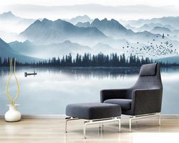 Wallpapers Customized Wallpaper 3d Chinese Ink Landscape Reflection Far Mountain Flying Bird Mural Living Room Bedroom Sofa